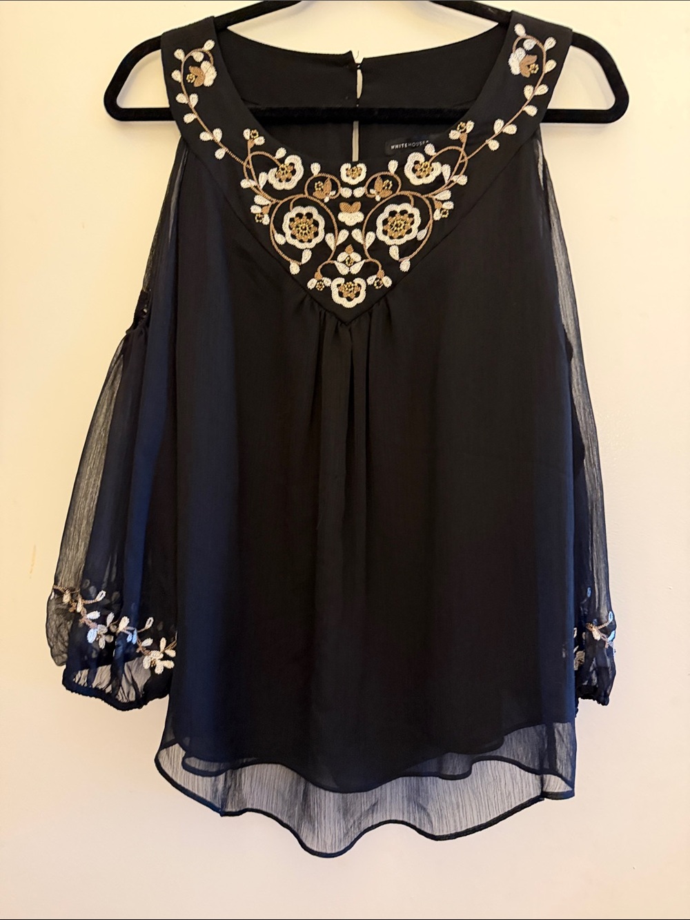 White House Black Market Black Cold-Shoulder Blouse with Cream & Gold Embroidery